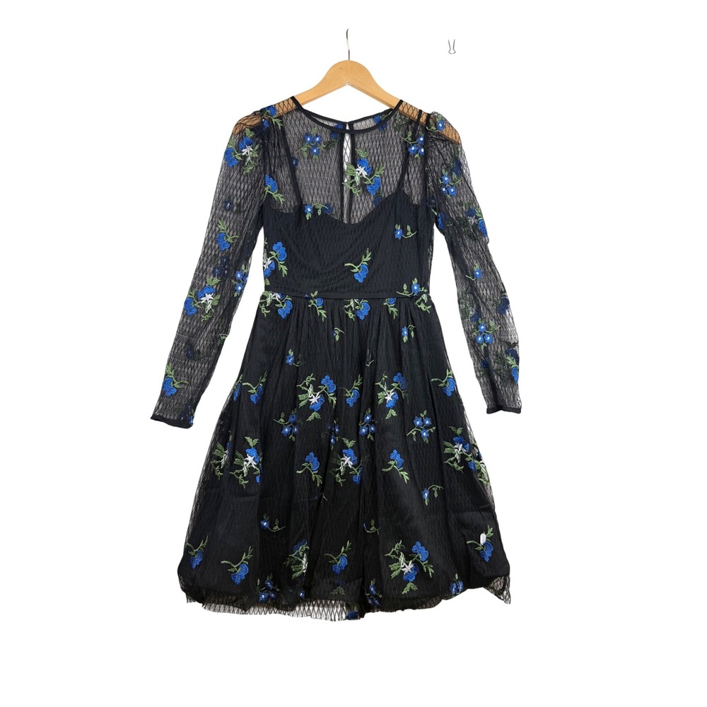 Taylor Long Sleeve Floral Embroidered A-line Dress size 4‎ Black/Blue